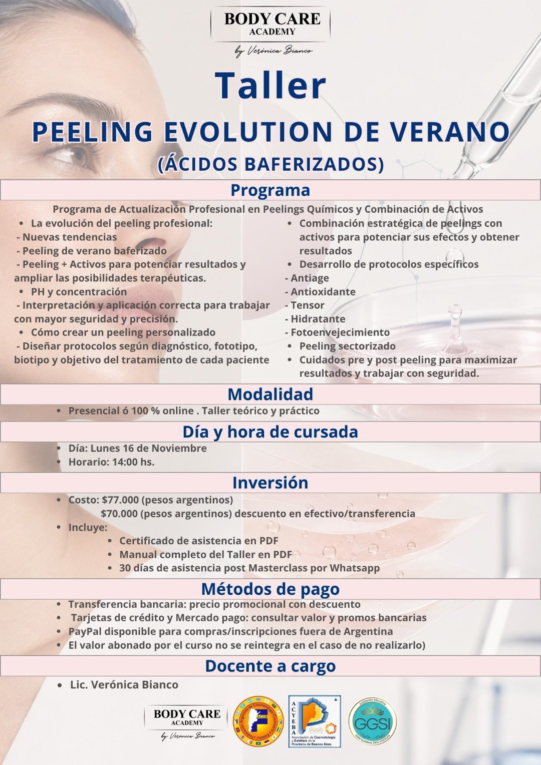 Programa del taller de peeling de verano con ácidos buferizados